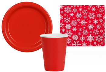 ZESTAW CZERWONY ŚNIEZYNKI: CZERWONE TALERZYKI + CZERWONE KUBECZKI + SERWETKI ŚNIEŻYNKI