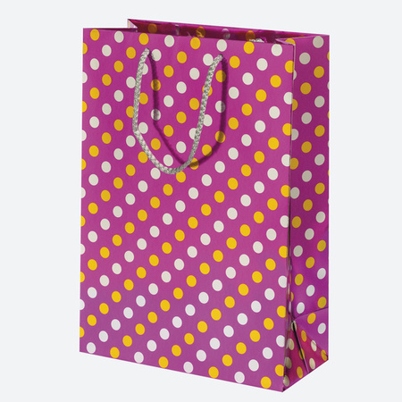 TOREBKA PREZENTOWA METALICZNA W KROPKI FUKSJA 23X32X11 CM