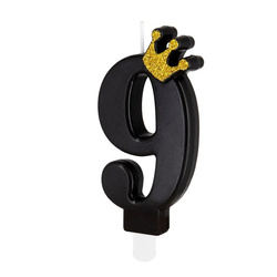 ŚWIECZKA URODZINOWA CYFRA 9 CZARNA Z KORONĄ 8,8 CM