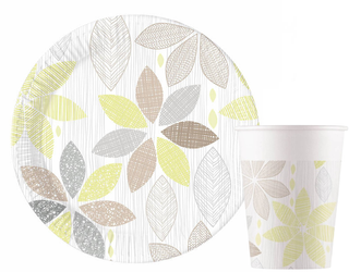 ZESTAW PAPIEROWE LIŚCIE KWIATY TALERZYKI+KUBECZKI