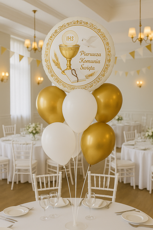 ZESTAW BALON FOLIOWY PIERWSZA KOMUNIA ŚWIĘTA + STOJAK + 3 BALONY BIAŁE + 3 BALONY ZŁOTE