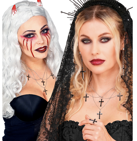 NASZYJNIK Z KRZYŻAMI SREBRNO-CZARNY HALLOWEEN