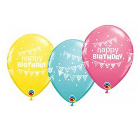Balon QL 11 z nadr.  Happy Birthday Pennants & Dots, pastel mix specjalny / 25 szt.