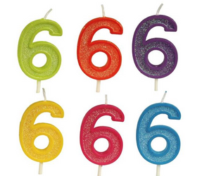 Swieczki Brokatowe Cyfra 6, 6 róznych ko