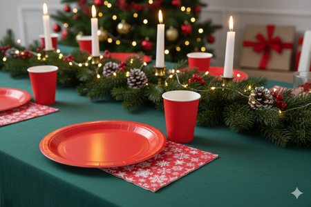 ZESTAW CZERWONY ŚNIEZYNKI: CZERWONE TALERZYKI + CZERWONE KUBECZKI + SERWETKI ŚNIEŻYNKI