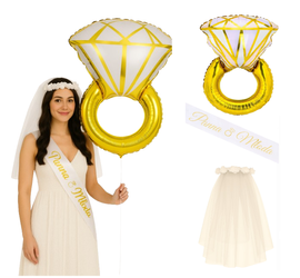 ZESTAW PANNA MŁODA: BALON PIERŚCIONEK + SZARFA PANNA MŁODA + OPASKA Z WELONEM
