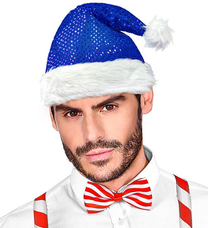 CZAPKA MIKOŁAJA CEKINOWA NIEBIESKA 