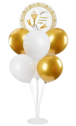 ZESTAW BALON FOLIOWY PIERWSZA KOMUNIA ŚWIĘTA + STOJAK + 3 BALONY BIAŁE + 3 BALONY ZŁOTE