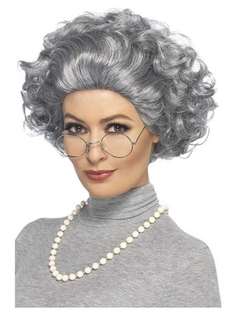 ZESTAW BABCIA PERUKA+OKULARY+PERŁY