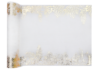 BIEŻNIK ŚWIĄTECZNY ZŁOTE SZYSZKI BIAŁY CHOINKA 28 X 300 CM