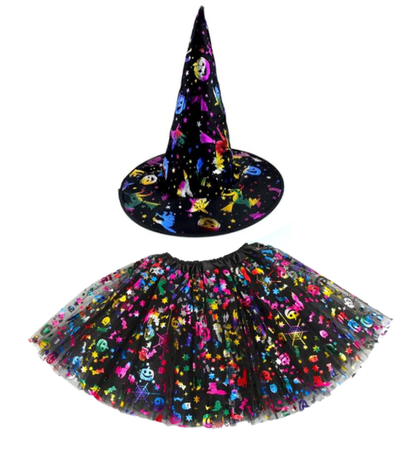 KOLOROWY ZESTAW CZAROWNICY SPÓDNICZKA I KAPELUSZ 