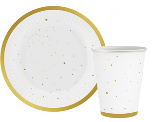 ZESTAW TALERZYKI+KUBECZKI BIAŁE W ZŁOTE KROPKI