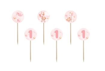 PIKERY RÓŻOWE MISIE Z BALONIKAMI ROCZEK 6 SZT