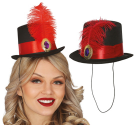 CZARNO CZERWONY KAPELUSIK Z PIÓRKIEM