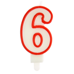 ŚWIECZKA URODZINOWA BIAŁA CYFRA 6 OBWÓDKA CZERWONA