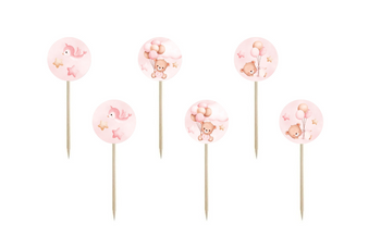 PIKERY RÓŻOWE MISIE Z BALONIKAMI ROCZEK 6 SZT