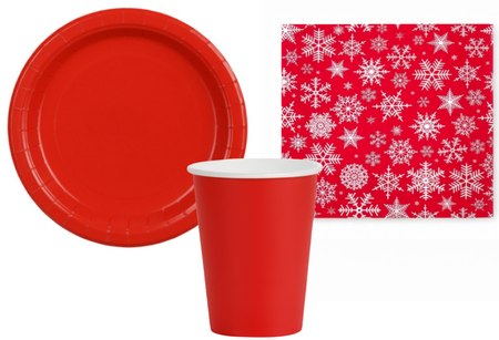 ZESTAW CZERWONY ŚNIEZYNKI: CZERWONE TALERZYKI + CZERWONE KUBECZKI + SERWETKI ŚNIEŻYNKI