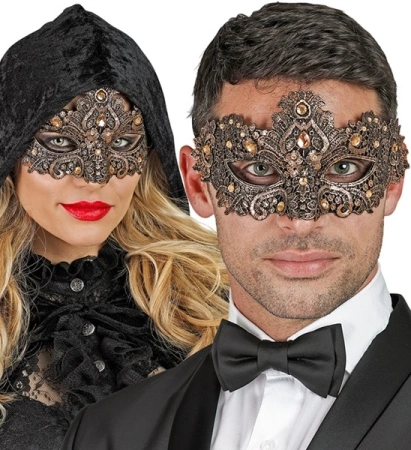 MASKA WENECKA BRĄZOWA Z KORONKĄ 