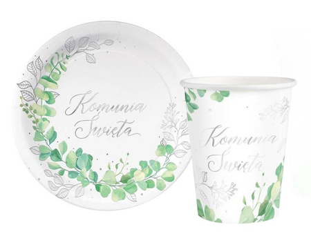 ZESTAW KUBECZKÓW I TALERZYKÓW KOMUNIA EUKALIPTUS 