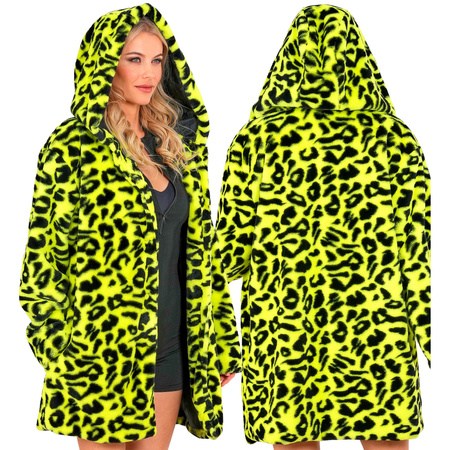 PŁASZCZ PLUSZOWY Z KAPTUREM W PANTERKĘ ŻÓŁTO-CZARNY