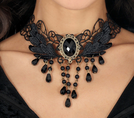 NASZYJNIK CHOKER CZARNY HAFT Z KORALIKAMI I KAMIENIEM