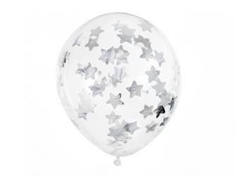 BALONY Z KONFETTI GWIAZDKI SREBRNY 30 CM 6 SZT