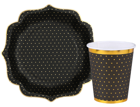 ZESTAW CZARNE TALERZYKI+KUBECZKI W ZŁOTE KROPKI
