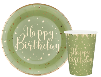 ZESTAW URODZINY GWIAZDKI OLIWKOWY TALERZYKI+KUBECZKI