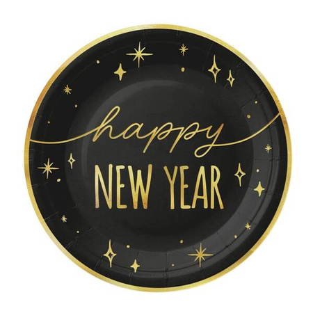 TALERZYKI PAPIEROWY HAPPY NEW YEAR CZARNO-ZŁOTY 18 CM 6SZT.
