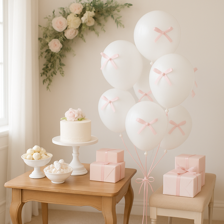 ZESTAW BIAŁE BALONY Z RÓŻOWĄ TASIEMKĄ I KROPKAMI KLEJOWYMI