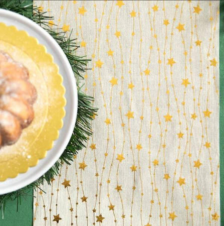 BIEŻNIK LNIANY GWIAZDKI BEŻOWO-ZŁOTY 275x28 CM