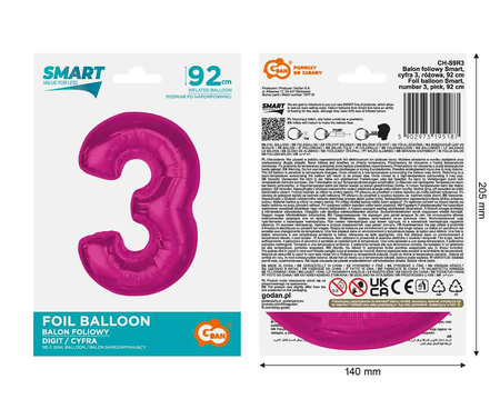 BALON FOLIOWY CYFRA 3 RÓŻOWA 92 CM