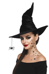 ZESTAW CZAROWNICY: KAPELUSZ Z PAJĄKIEM CZARNY + TATUAŻE PAJĄKI