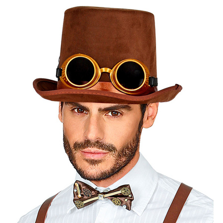 KAPELUSZ Z OKULARAMI STEAMPUNK CYLINDER BRĄZOWY