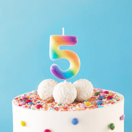 ŚWIECZKA URODZINOWA CYFRA 5 KOLOROWA Z BROKATEM 