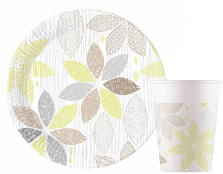 ZESTAW PAPIEROWE LIŚCIE KWIATY TALERZYKI+KUBECZKI