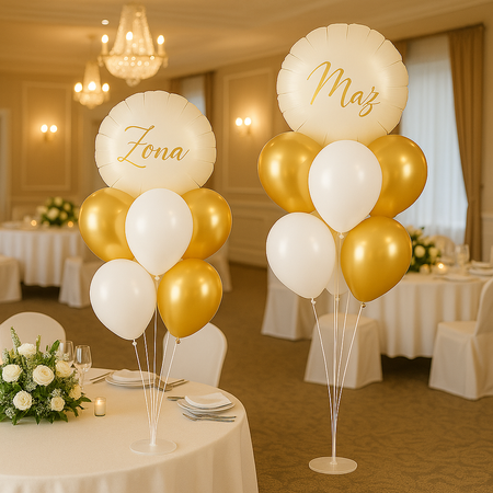 ZESTAW MĄŻ I ŻONA: 2 STOJAKI + 6 BALONÓW ZŁOTYCH + 6 BALONÓW BIAŁYCH + BALON MĄŻ + BALON ŻONA