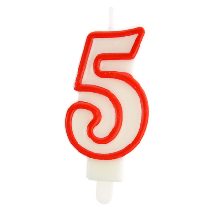 ŚWIECZKA URODZINOWA BIAŁA CYFRA 5 OBWÓDKA CZERWONA