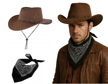 ZESTAW KOWBOJA: BRĄZOWY KAPELUSZ + CZARNA BANDANA 