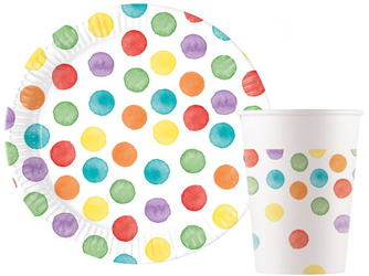 ZESTAW KOLOROWE KROPKI TALERZYKI+KUBECZKI