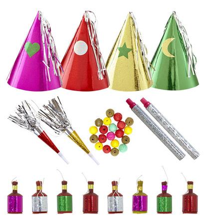 Pk 12 "HOLOGRAPHIC PARTY SET" for 4 persons (4 hats, 2 sounding trumpets, 2blowpipes, 40 paper balls, 8 champagne poppers)