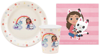 ZESTAW KOCI DOMEK GABI BEŻOWY: TALERZYKI + KUBECZKI + SERWETKI