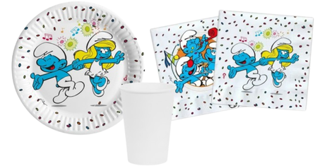 ZESTAW SMERFY: TALERZYKI + BIAŁE KUBECZKI + SERWETKI