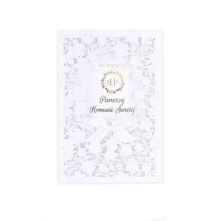 PAMIĄTKA PIERWSZEJ KOMUNII ŚWIĘTEJ KORONKA KOKARDA IHS