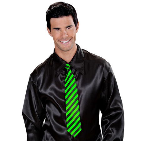 KRAWAT SATYNOWY CZARNO-ZIELONY W PASKI