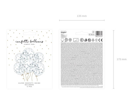 BALONY Z KONFETTI KÓŁKA SREBRNY 30 CM 6 SZT