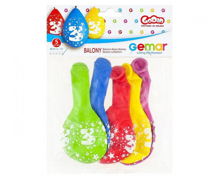 BALONY WISZĄCE CYFRA 3 MIX KOLORÓW 30 CM 5 SZT.