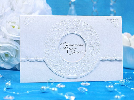 Zaproszenia na Chrzest z tłoczeniem, perłowy (1 karton / 50 op.) (1 op. / 10 szt.)