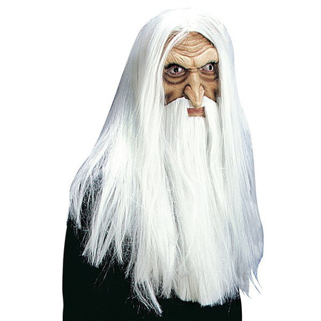 Maska czarodzieja z peruką, długą brodą i wąsami