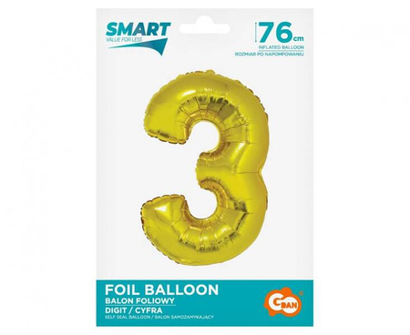 BALON FOLIOWY CYFRA 3 ZŁOTA 76 CM